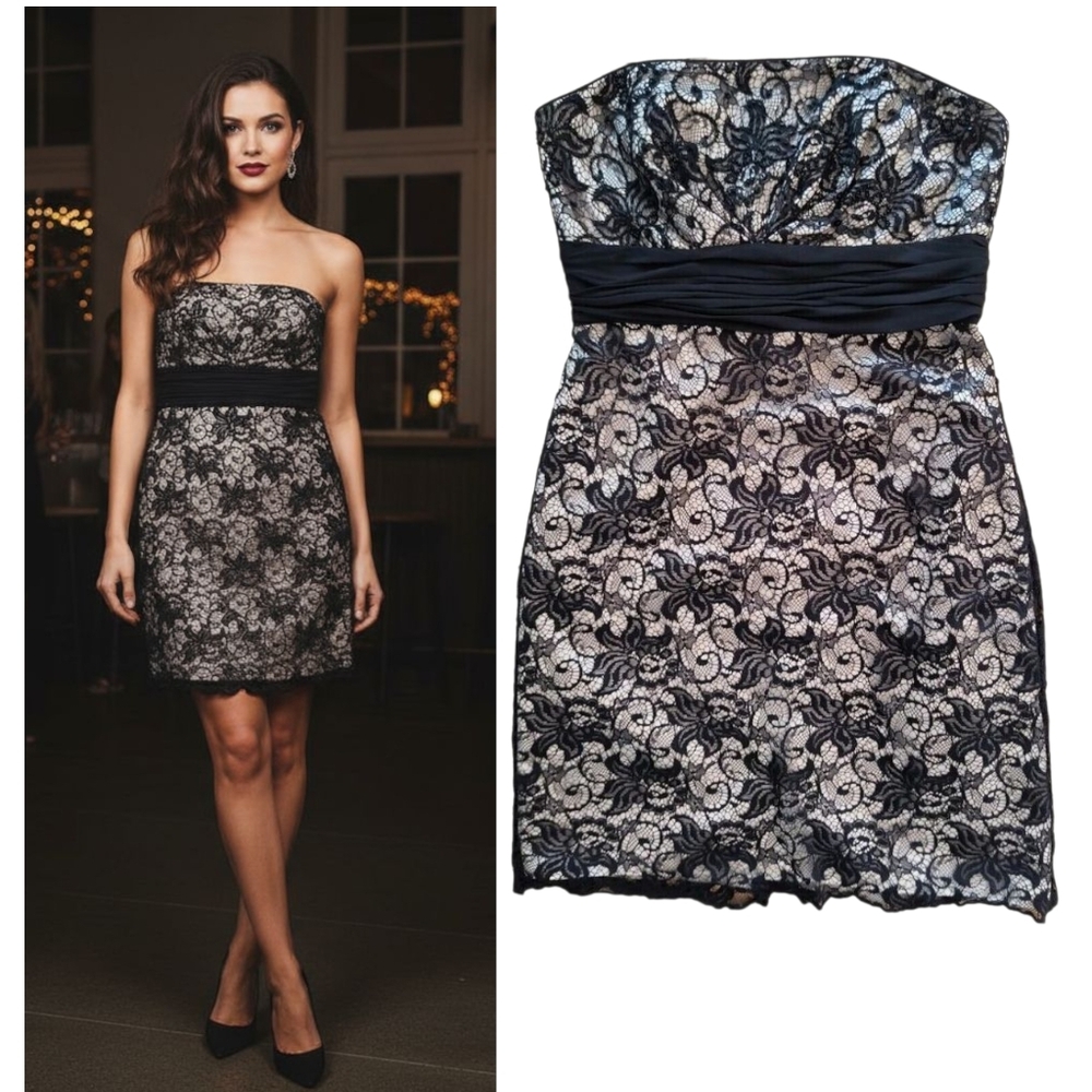 White House Black Market Dress Wmns Sz 4 Black Strapless Beaded Lace Knee Length